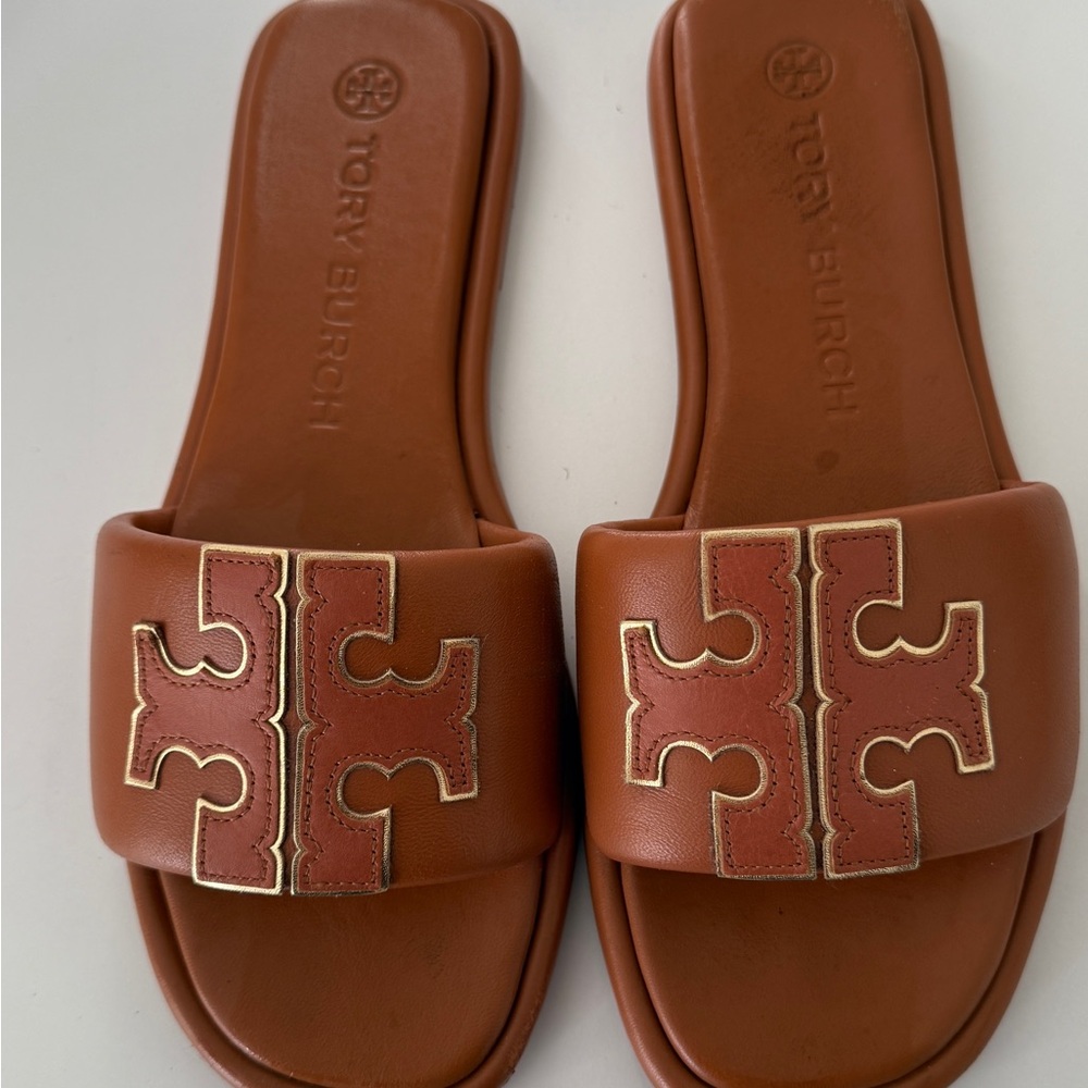 Tory Burch Cognac Leather Logo Slide Sandals